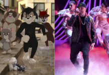 
			
				                                Butch, leader of the alley cats, foreground center, voiced by Nicky Jam, appears in a scene from the animated/live-action film ‘Tom & Jerry’ and Nicky Jam performs at the 18th annual Latin Grammy Awards in Las Vegas on Nov. 16, 2017.
 
			
		