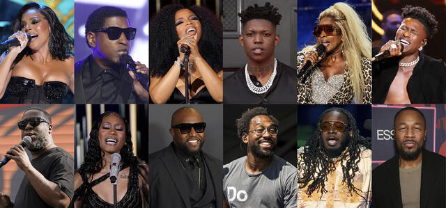129332186_web1_129332186-cb2c7314cadc446d880a9077bf56de87
This combination of photos show music artists, top row from left, Ashanti, Babyface, Chloe Bailey, Yung Bleu, Mary J. Blige, and Lucky Daye, bottom row from left, Robert Glasper, Muni Long, Rico Love, PJ Morton, T-Pain and Tank.
AP photo