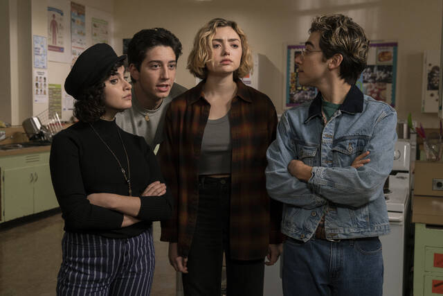 129551657_web1_129551657-7d11a6c870ad4c4dbc90535123280ab5
This image released by Paramount+ shows, from left, Sarah Yarkin as Rhonda, Milo Manheim as Wally, Peyton List as Maddie and Nick Pugliese as Charley in a scene from School Spirits.
AP photo