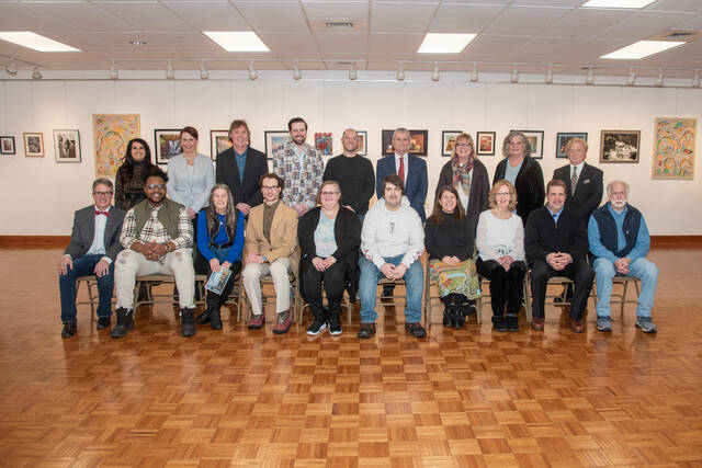 130343921_web1_Faculty-Alumni_Art_Exhibition-2024--002-
From left, seated Frantz Stegura, Nanticoke; Michael Clark, Nanticoke; Diane Grant Czajkowski, Ashley; Jacob Chesonis, Dallas; Emily Farley, Berwick; Kevin Farr, Nanticoke; Lori Shemanski, Forty Fort; Kathleen Whiton, Mountain Top; J. Michael Schirra, Roaring Brooke Township; and Tim Specht, Hunlock Creek.
From left, standing Catherine R. ODonnell, Esq., Chair, Board of Trustees, LCCC; Rebecca Brominski, Mountain Top, executive director, Institutional Advancement, LCCC; Jim Gavenus, faculty, LCCC; Keith Kratz, Kingston, faculty, LCCC; Douglas Martin, Exeter, faculty/department chair, Communication Arts, LCCC; Thomas P. Leary, President, LCCC; Denise Evans, Hunlock Creek, faculty, LCCC; Terese Rogers, Wilkes-Barre, faculty, LCCC; and Robert R. Husty, curator, Schulman Gallery, LCCC.