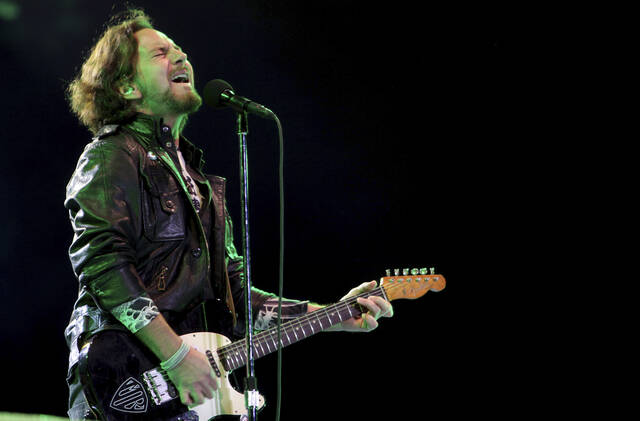 130348610_web1_130348610-2df686dca63d431ba9722ac231db6e5f
Pearl Jams lead vocalist Eddie Vedder performs in concert in Sao Paulo, Brazil, in 2011. Pearl Jams forthcoming album shows the rockers are not mellowing with age. Vedder and other members of the band that began in Seattle in the early 1990s gave an advance listen of their 12th studio album to a select group of family, friends and industry insiders on Wednesday, Jan. 31, 2024, at the Troubadour club in the Los Angeles area. Vedder told the crowd the album is our best work.
AP photo