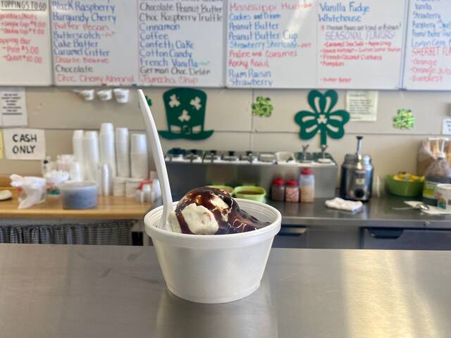 130540179_web1_Manning-s-Ice-Cream---Clarks-Summit--9-
A single scoop of banana ice cream with hot fudge from Mannings Ice Cream in Clarks Summit.
Photo Credit — Gabrielle Lang for The Weekender / The Times Leader