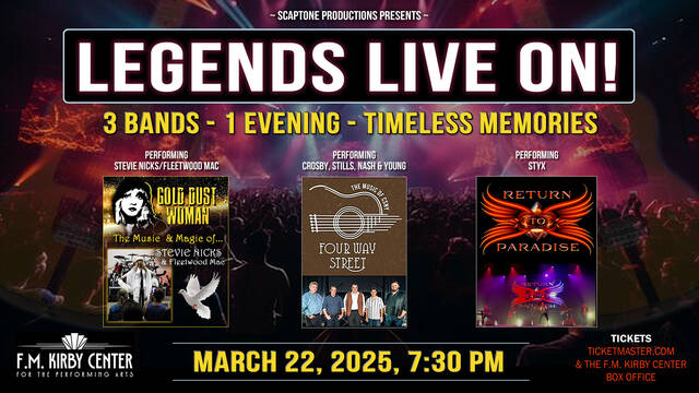 
			
				                                Experience the timeless magic of Classic Rock as “Legends Live On!” takes the stage for a spectacular three-band tribute concert on Saturday, March 22, at 7:30 p.m. at the F.M. Kirby Center for the Performing Arts.
                                 <em>Photo Credit — F.M. Kirby Center</em>

			
		