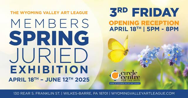 131444428_web1_489963100_1233734698762701_2357239224160254540_n
The Members Spring Juried Exhibition at Circle Centre for the Arts has its Opening Reception on Wilkes-Barres Third Friday Art Walk on April 18, 2025.
<em>Photo Credit — Wyoming Valley Art League</em>