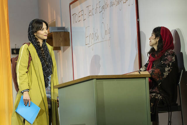 131541267_web1_131529124-344e4f23766a47b6ac9bd76425518d21
Tala Ashe, left, and Marjan Neshat perform in a production of Sanaz Toossis English.
Joan Marcus via AP