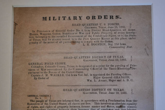 131585864_web1_131585864-ad9491d2664e4f01b5f2408f072df359
A view of a section of the 1865 Juneteenth General Order No. 3 that is displayed by the Dallas Historical Society at the Fair Park Hall of State in Dallas, Texas, on Friday, June 6.
AP Photo