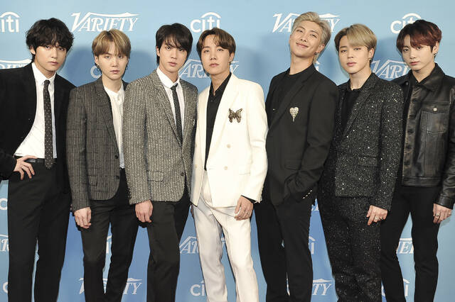 131628497_web1_131621895-a1eb2a831282451fb03dd4ad72c9ccb9
Korean pop band BTS appears at the 2019 Varietys Hitmakers Brunch in West Hollywood, Calif., on Dec. 7, 2019.
AP File Photo