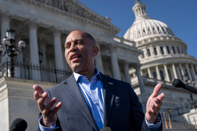 <p>House Minority Leader Hakeem Jeffries, D-N.Y., holds a news conference on the steps of the Capitol in Washington, on the ninth day of the government shutdown on Thursday.</p>
<p>AP Photo</p>