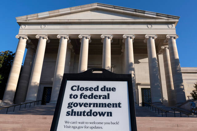 131930115_web1_131930115-73b15684f3964f5ba7df5f26597c9b5a
A sign that reads Closed due to federal government shutdown, is seen outside of the National Gallery of Art in Washington, Oct. 6.
AP File Photo