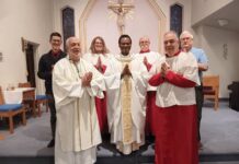 
			
				                                Shown are members of the St. Joseph Society at the recent feast day celebration. First row, from left: Deacon Eugene Blockus, the Rev. Philbert Takyi-Nketiah, Paul Scavone. Second row: Raphael Micca, Connor Wilson, Paul Walters, John Olshefski.
                                 Submitted Photo

			
		