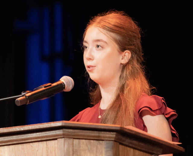 <p>Speaking onstage during the Junior Leadership graduation ceremony at the F.M. Kirby Center, Aleni Kaupp, from Wyoming Valley West High School, reminisced about the beginning of the program, when students met each other in September.</p>
<p>Amber Jones | For Times Leader</p>