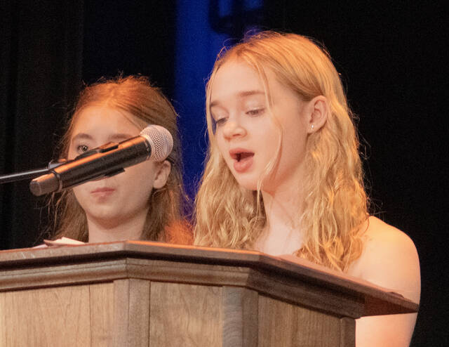 <p>Gabrielle Dubois, from West Side Career & Technical Center, described highlights of the Junior Leadership program during the graduation ceremony. She was a member of the Hearts for Heroes team, which worked on a project to benefit veterans.</p>
<p>Amber Jones | For Times Leader</p>