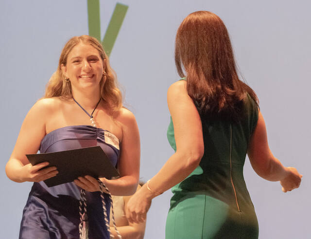 <p>Leah Haddock, from Wyoming Area, received her certificate and her graduation cords.</p>
<p>Amber Jones | For Times Leader</p>